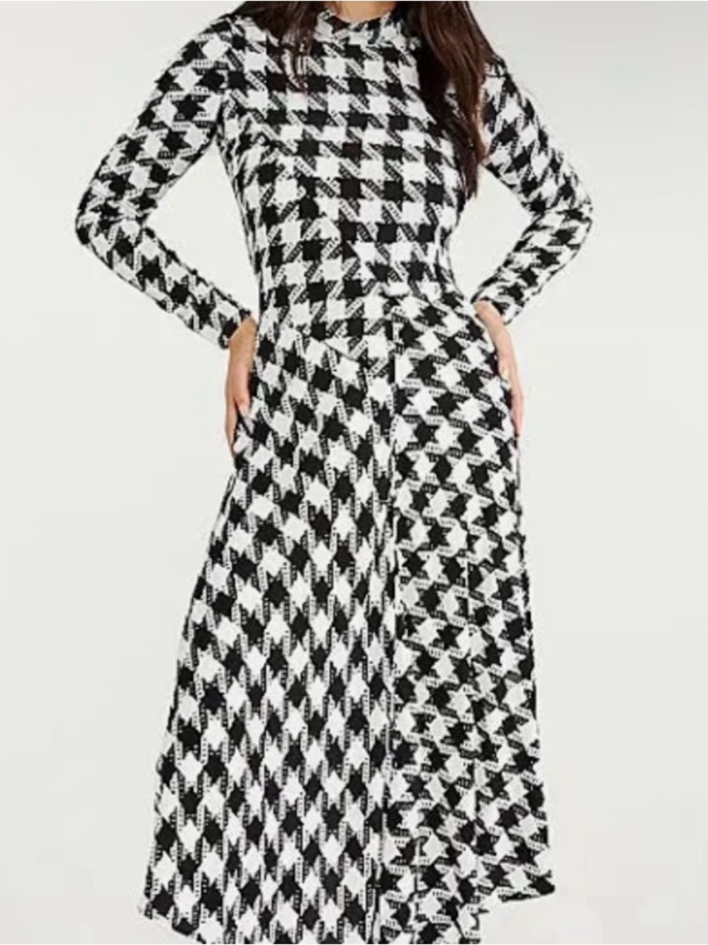 Ann Taylor Black & White Houndstooth mock neck Long Sleeve Dress